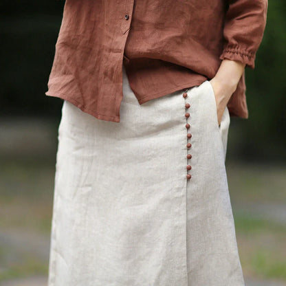Artistic linen skirt with unique stitching in hemp color, perfect for retro and literary style outfits.