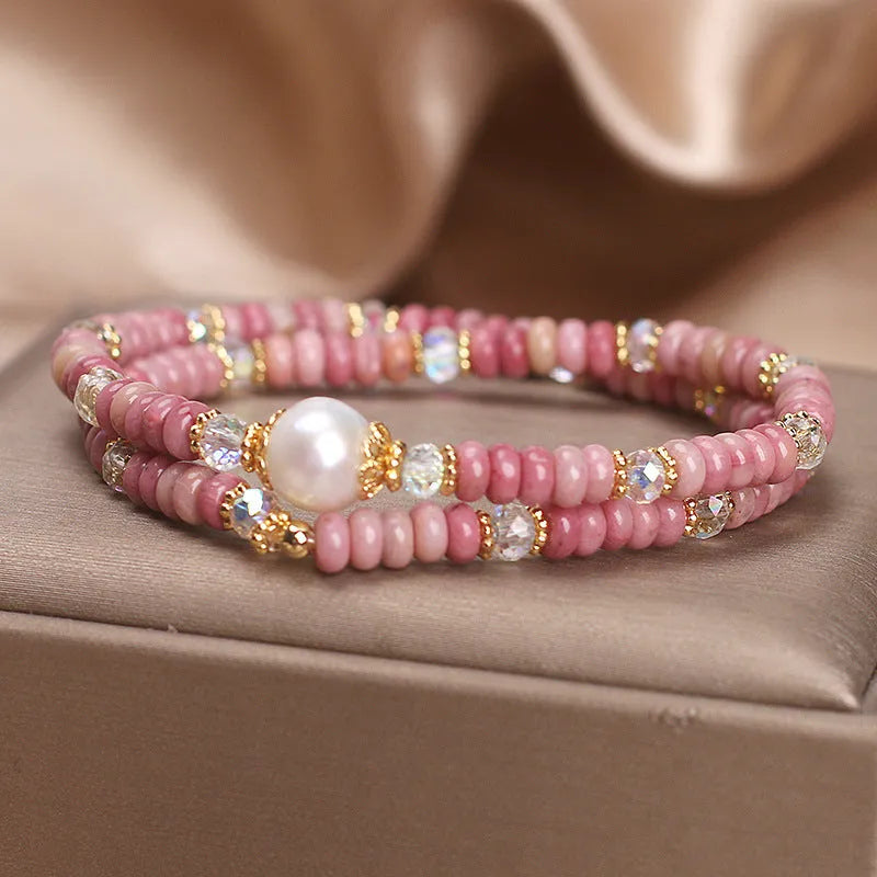 Natural colour hair crystal bracelet with red rhodochrosite double circle, pearl and chalcedony lotus seedpod pendant for women