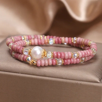 Natural colour hair crystal bracelet with red rhodochrosite double circle, pearl and chalcedony lotus seedpod pendant for women