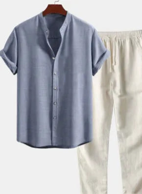 Men's loose fit short sleeve shirt and trousers casual suit set in various colours