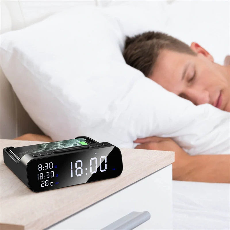 15W Three-in-One Wireless Charger with Alarm Clock and Temperature Tester in black and white