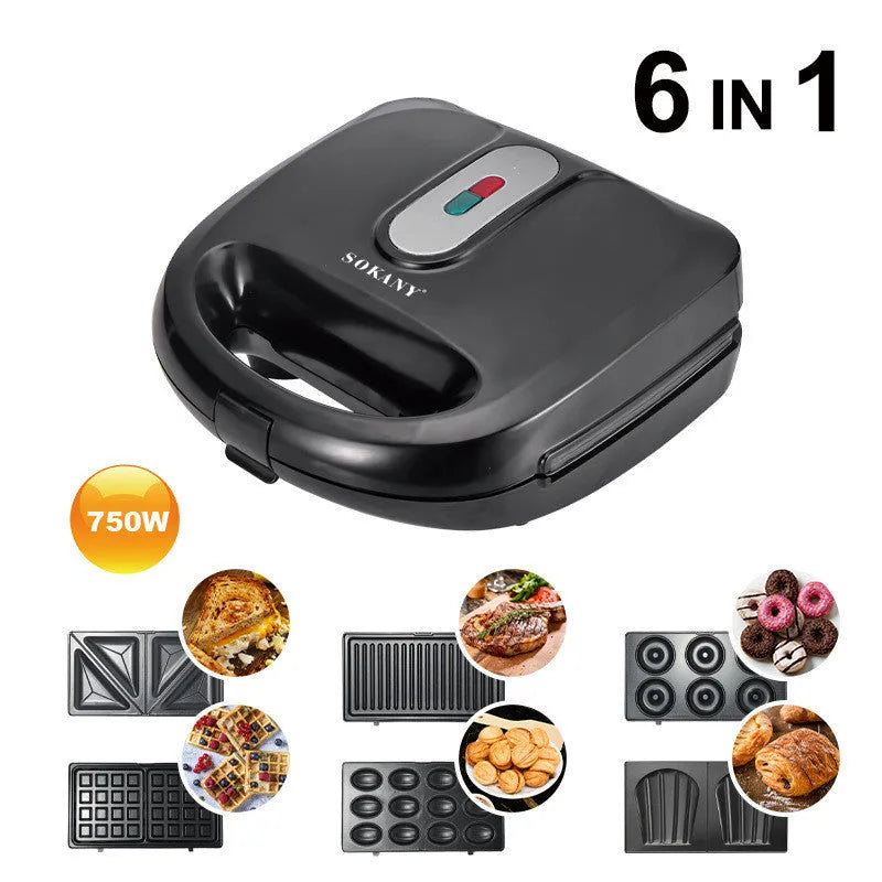 Black double-sided heating electric sandwich pan with brushed stainless steel top cover and non-stick coating.