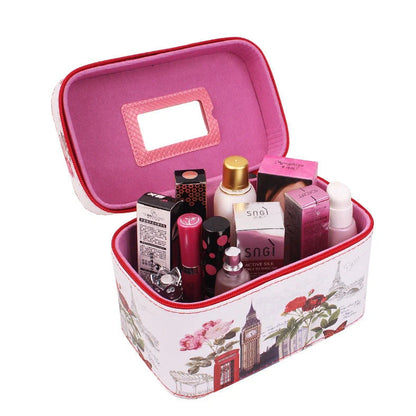 7-inch rigid cosmetic bag with waterproof PU leather and scenic pattern design