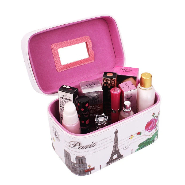7-inch rigid cosmetic bag with waterproof PU leather and scenic pattern design