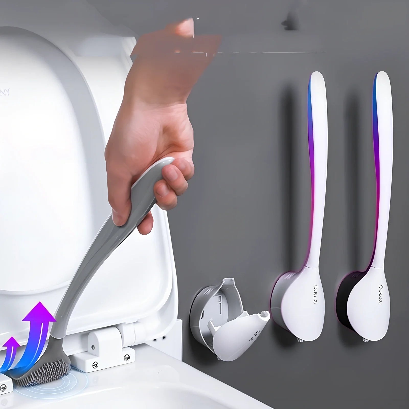 Black silicone bathroom cleaning brush with soft head and curved ergonomic handle for easy grime removal