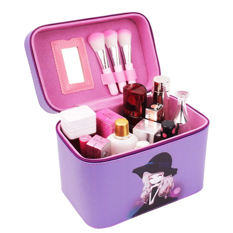7-inch rigid cosmetic bag with waterproof PU leather and scenic pattern design
