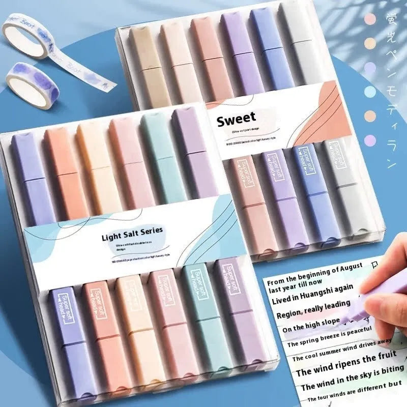 Double-headed fluorescent marking pens showing 2.5mm and 5mm tips with Sweet and Salt colour series options