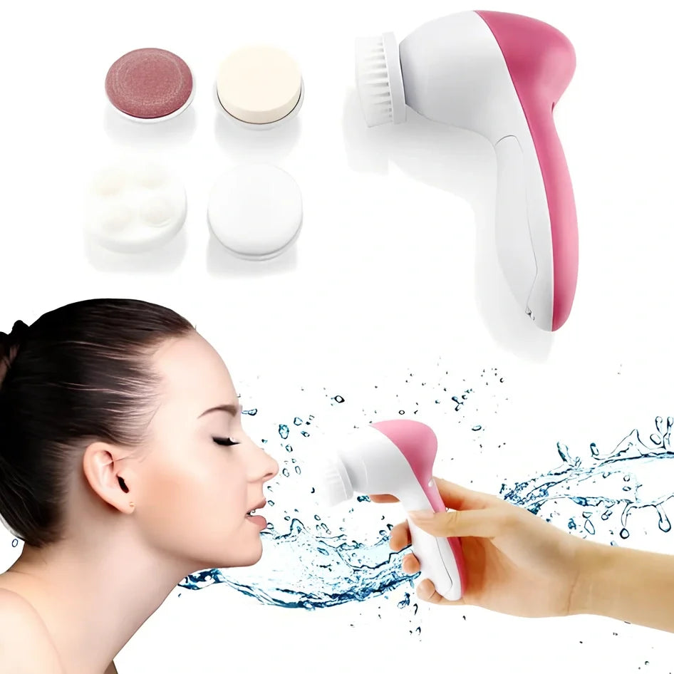 Pink electric facial cleanser with 5 attachments including soft brush, rolling massager, and sandstone head for skincare