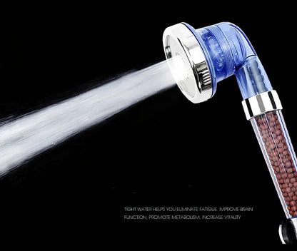 Pressurised shower head with stainless steel panel showing three water mode settings and removable nozzles