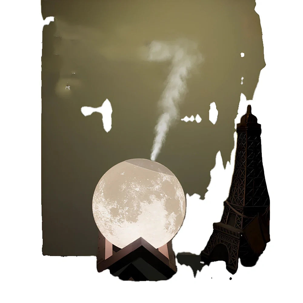 Wood finish spherical lunar humidifier night light with 13cm diameter and USB charging port