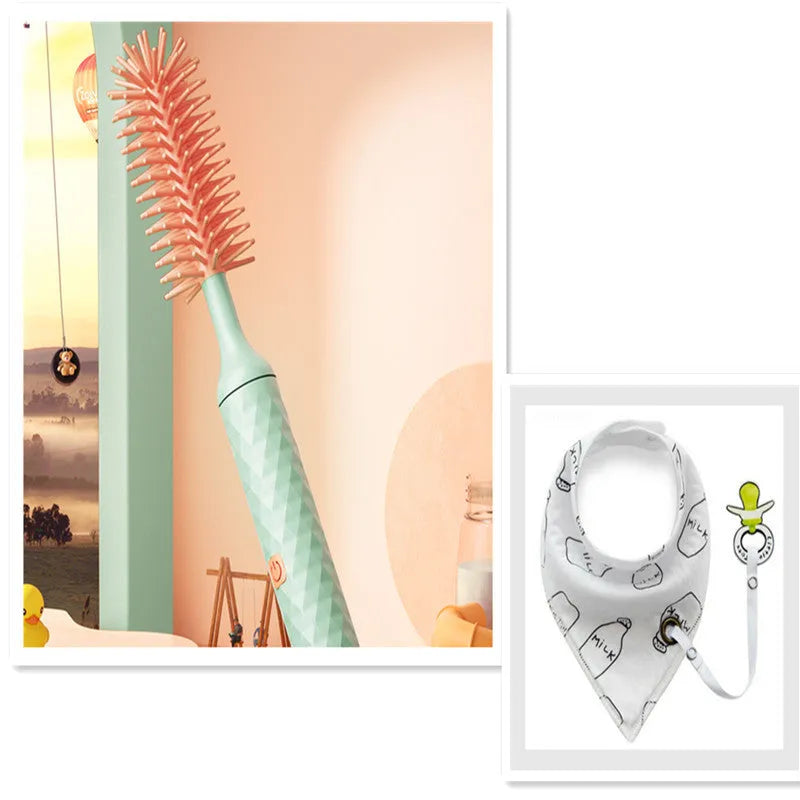 Electric baby bottle cleaning brush with rotating silicone head in pink or green colours