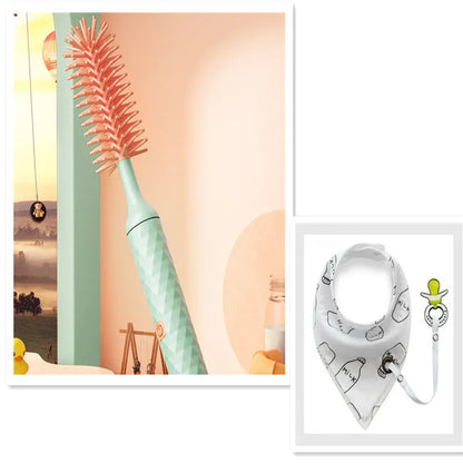 Electric baby bottle cleaning brush with rotating silicone head in pink or green colours