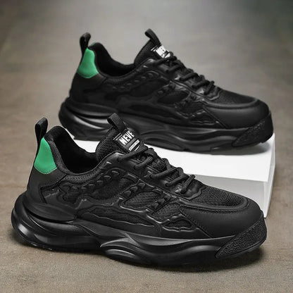 Men's solid colour breathable mesh casual shoes with round toe in white or black.