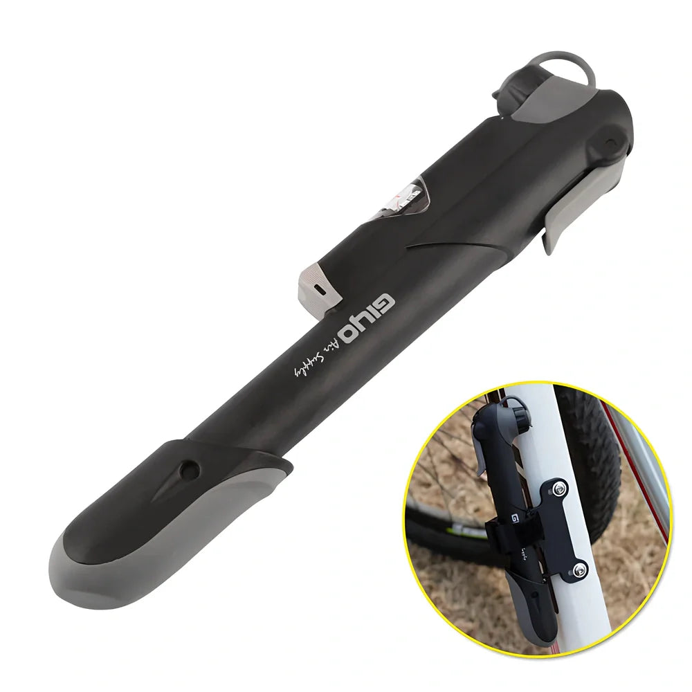 Black portable bicycle mini pump with pressure gauge, T-shaped handle, measuring 235mm long