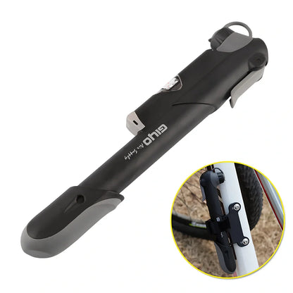 Black portable bicycle mini pump with pressure gauge, T-shaped handle, measuring 235mm long