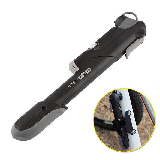 Black portable bicycle mini pump with pressure gauge, T-shaped handle, measuring 235mm long