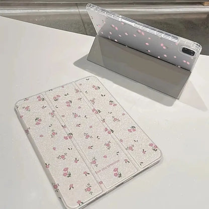 Transparent floral print hard case for iPad with tri-fold front cover forming a stand