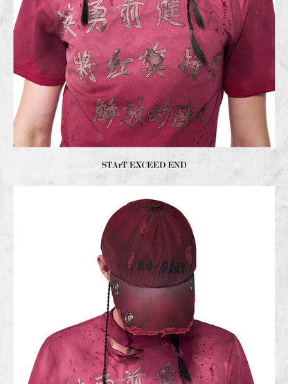 Rose red cotton peaked cap with adjustable strap and structured peak