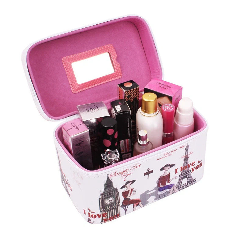 7-inch rigid cosmetic bag with waterproof PU leather and scenic pattern design