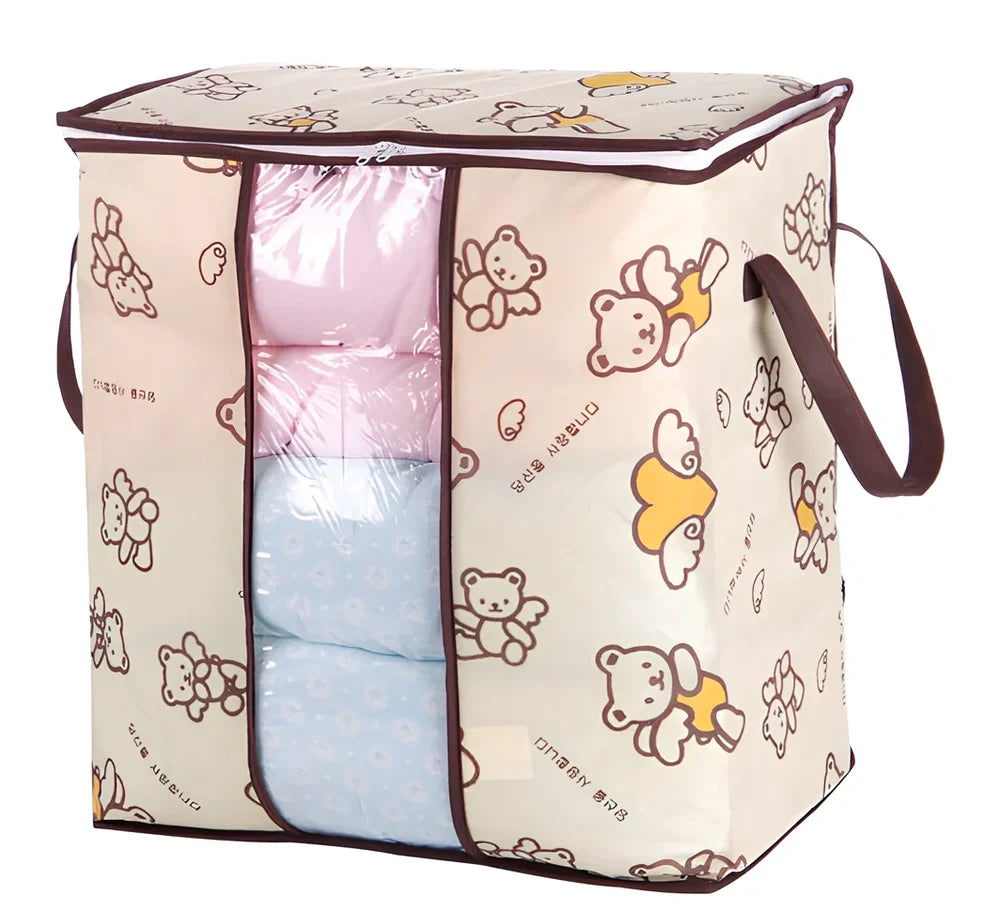 Non-woven fabric under-bed storage organiser showing 45.55×29×51cm dimensions and folding design