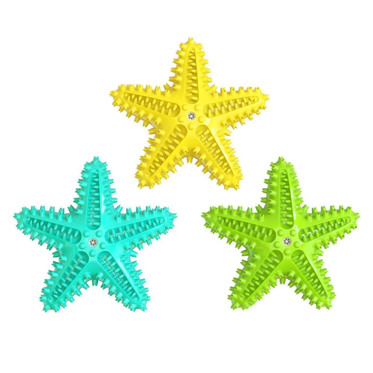 Starfish Vocal Pet Dog Toy Molar Stick in lake blue, yellow, and green for teeth cleaning