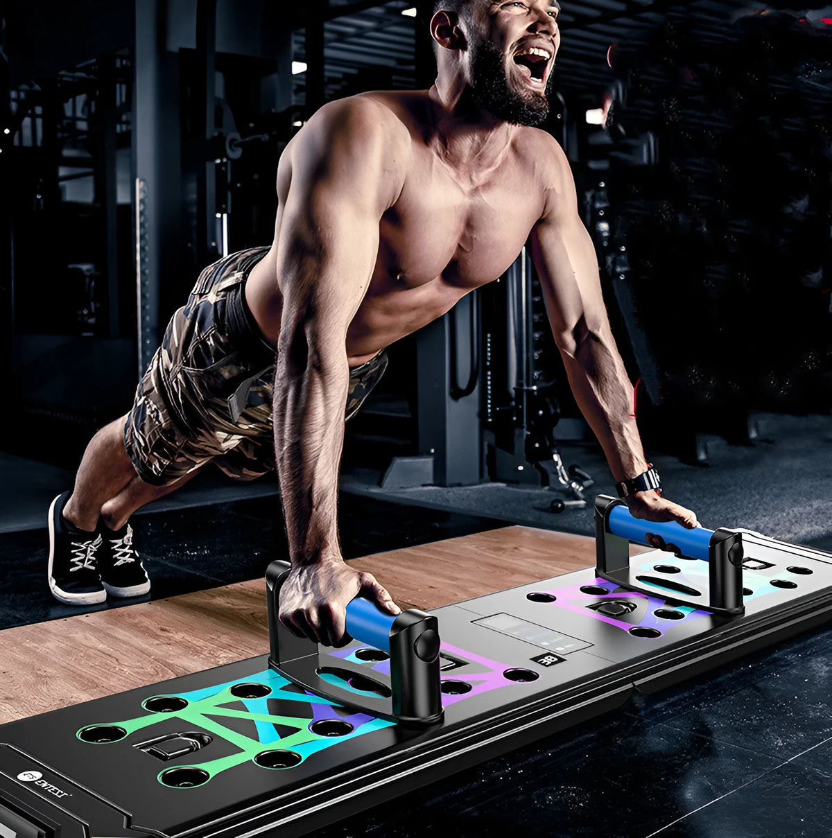 Black multifunctional push-up board 87cm x 43cm x 20cm with ABS plastic body and TPE soft rubber grips for chest training