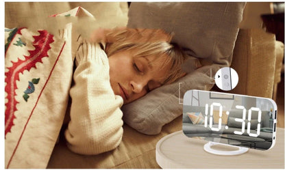 Digital Mirror Clock with LED display and dual USB ports in white and black options