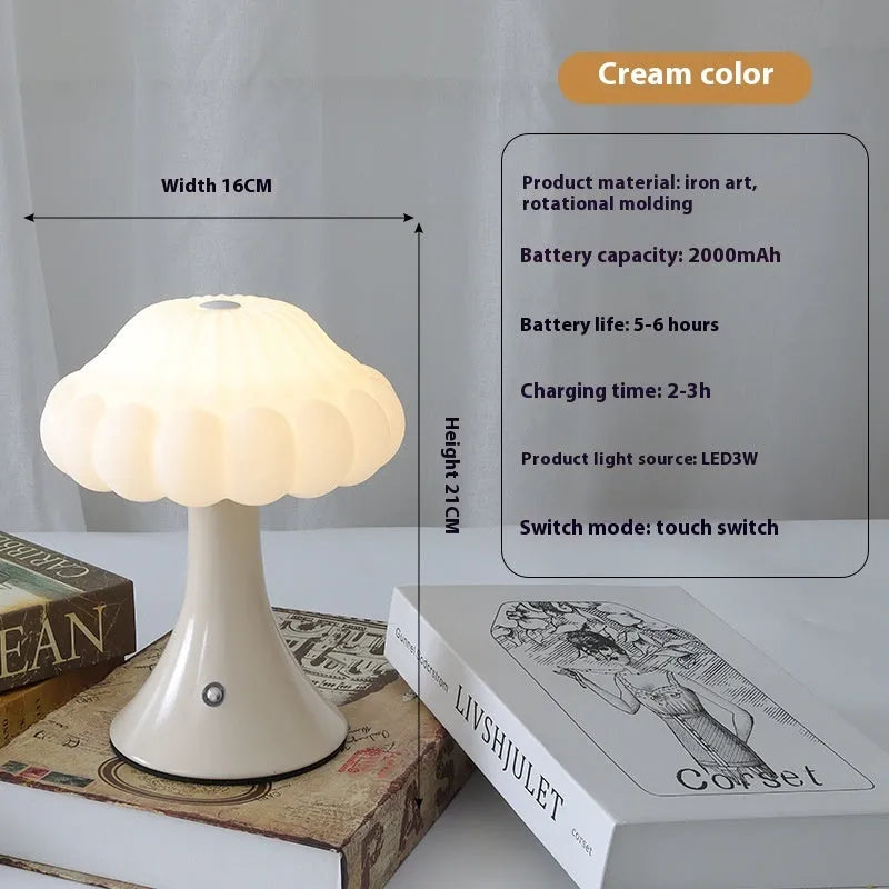 Mushroom-shaped touch lamp with USB charging port, 16cm diameter, in wood grain finish