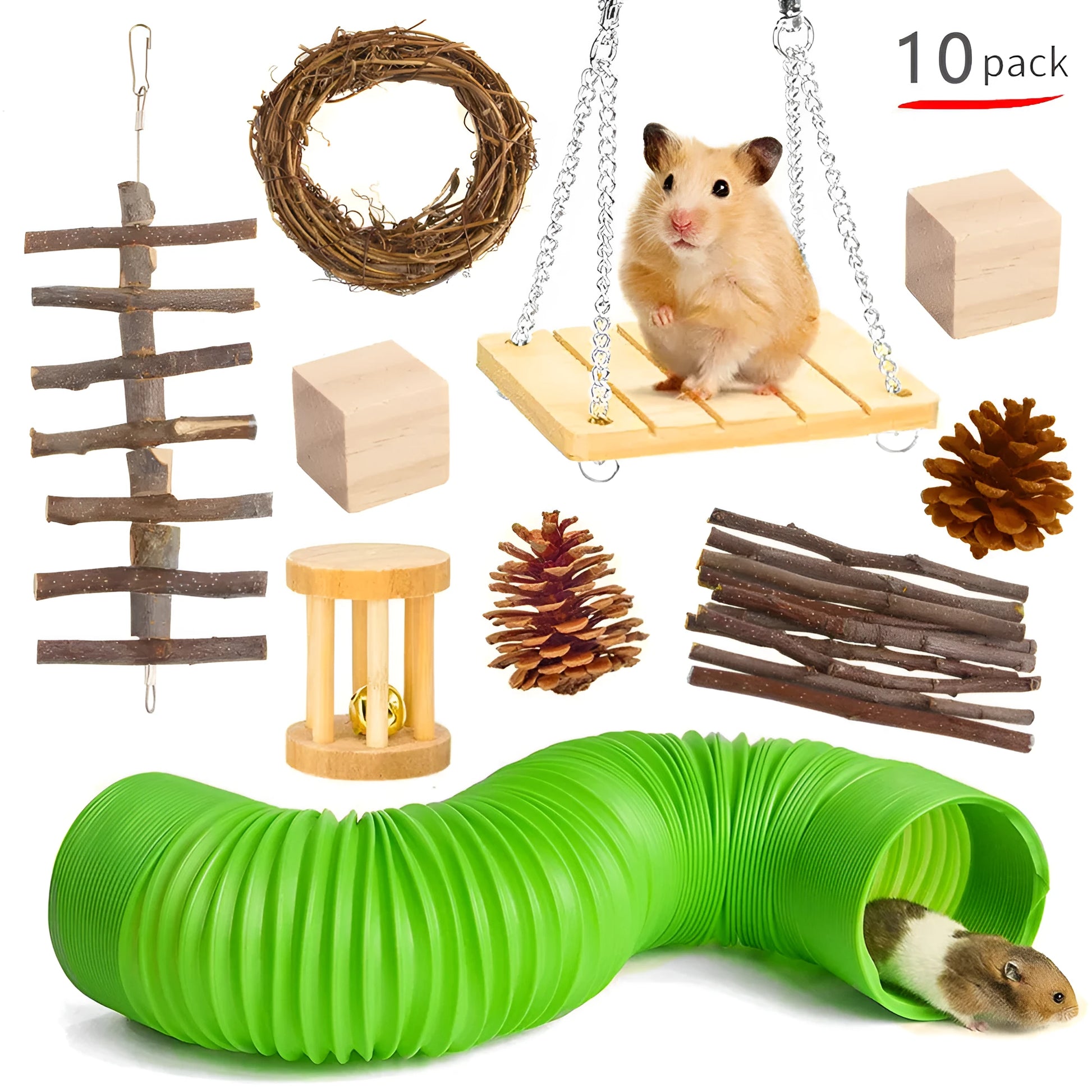 Assortment of wooden and natural fibre chew toys for small pets including balls, rings and woven shapes.