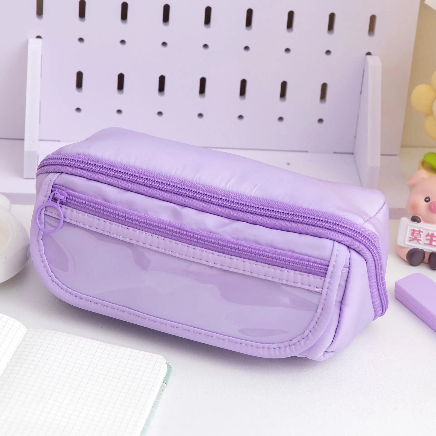 Korean-style canvas pencil case showing ten-layer flip design in Girl Pink colour