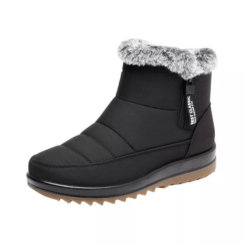 Women's winter snow boots with side zipper and fleece lining in black, dark brown, and red