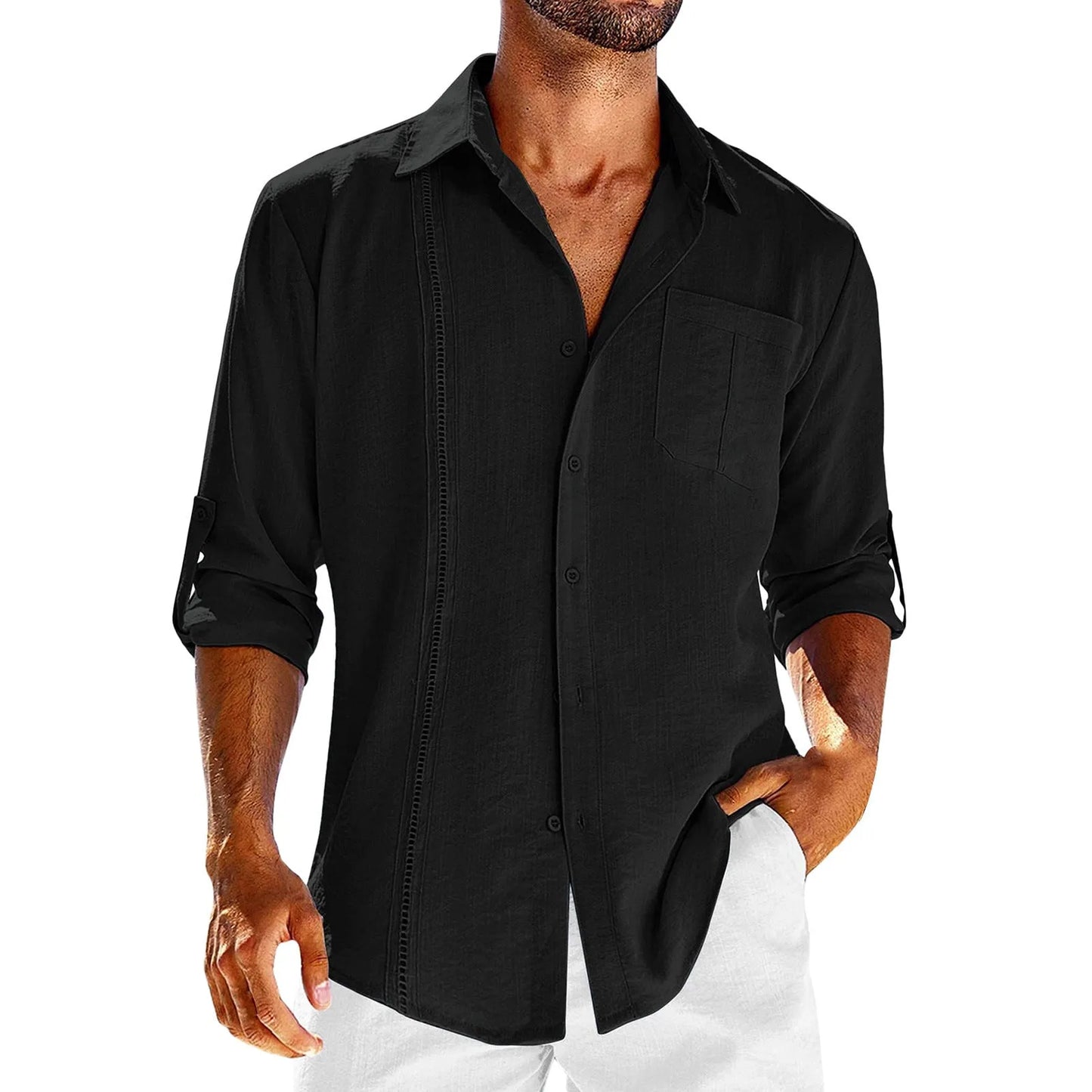 Men's casual long sleeve cotton blend shirt with polo collar, chest pocket, and lace trim detail in solid colours