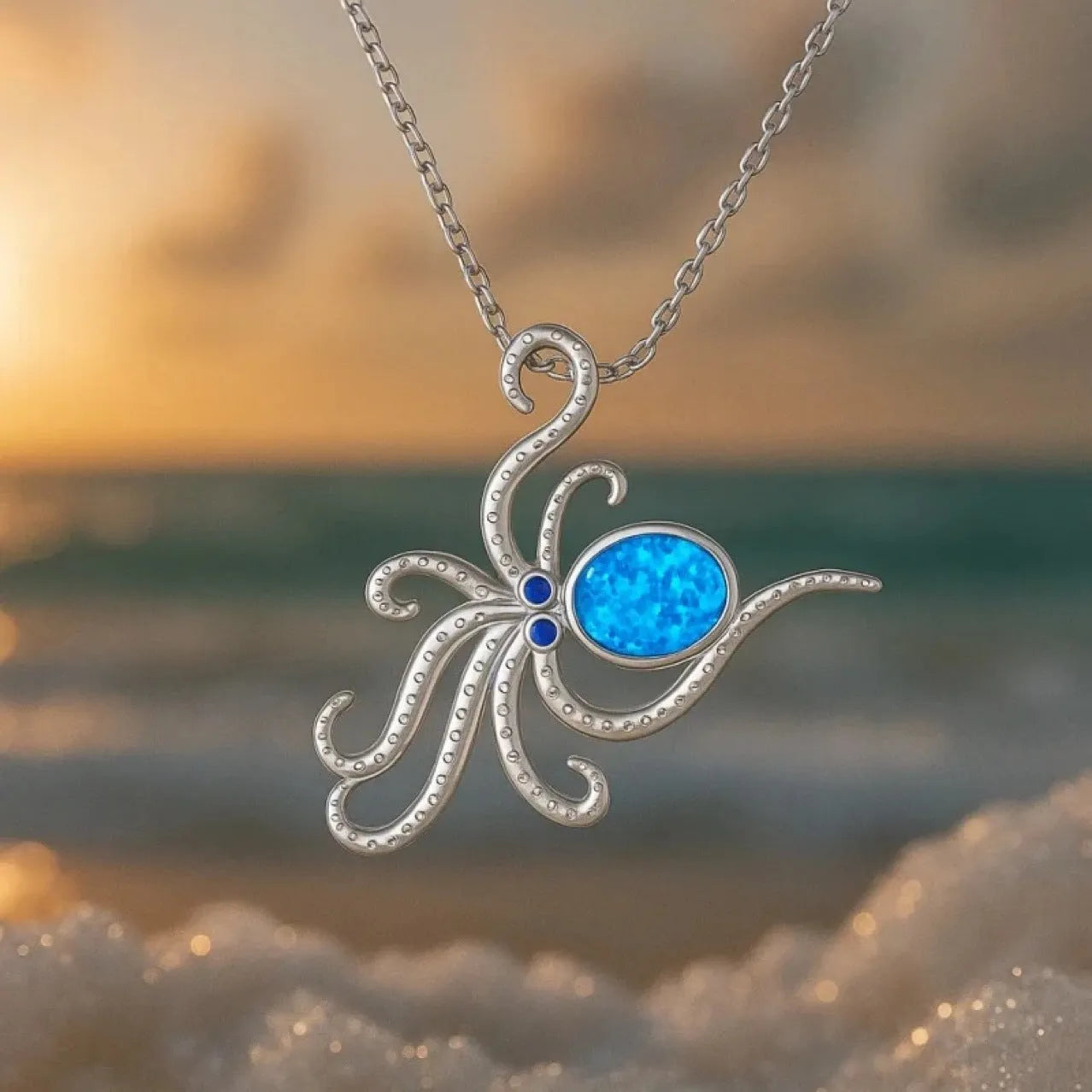 Silver geometric opal inlay octopus necklace with stainless steel box chain