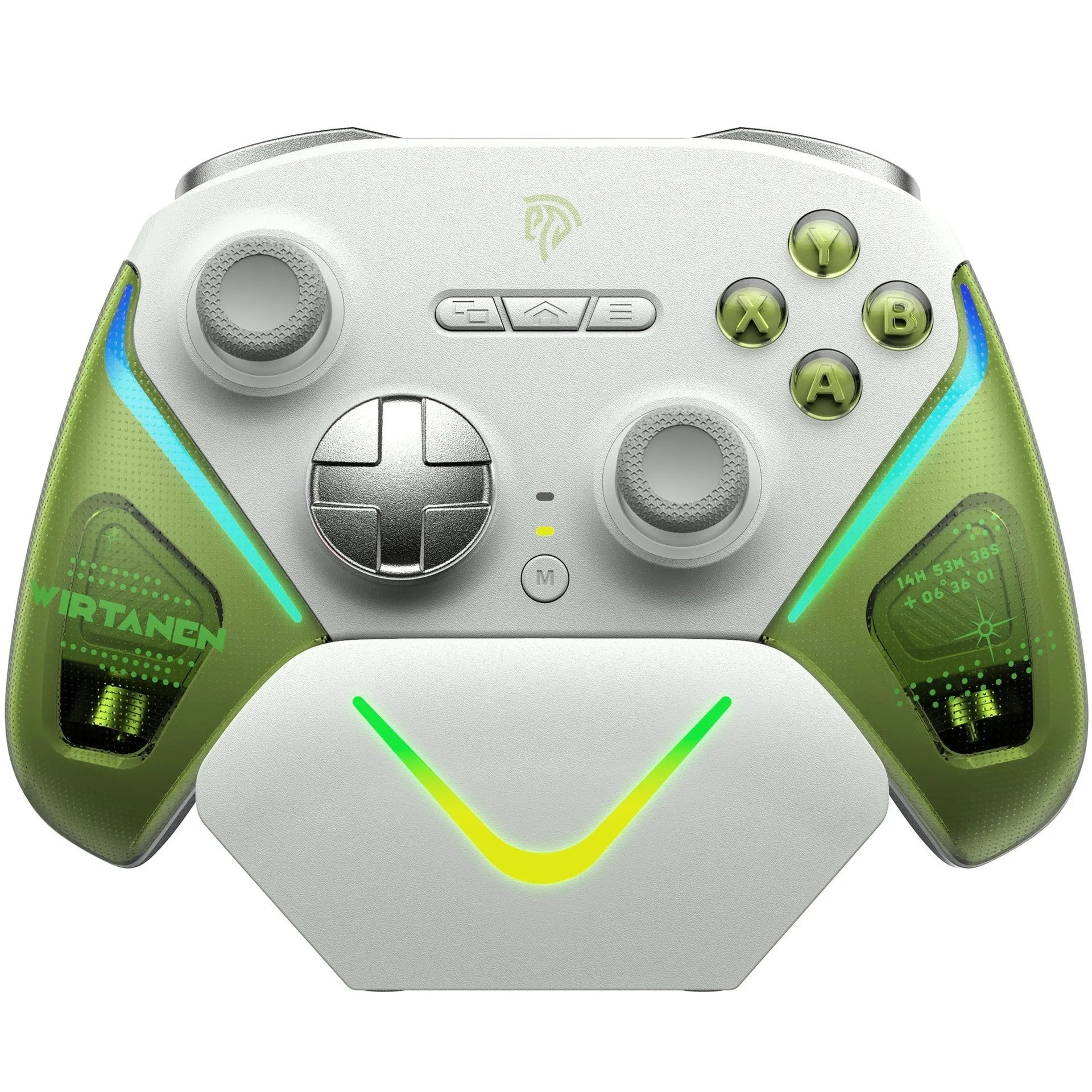 Rocker Smart gaming controller in black on its charging dock, showing textured double-cut triggers and Type-C port
