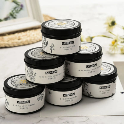 Black tin aromatic candle measuring 6cm diameter by 4cm height with soybean wax and natural wick