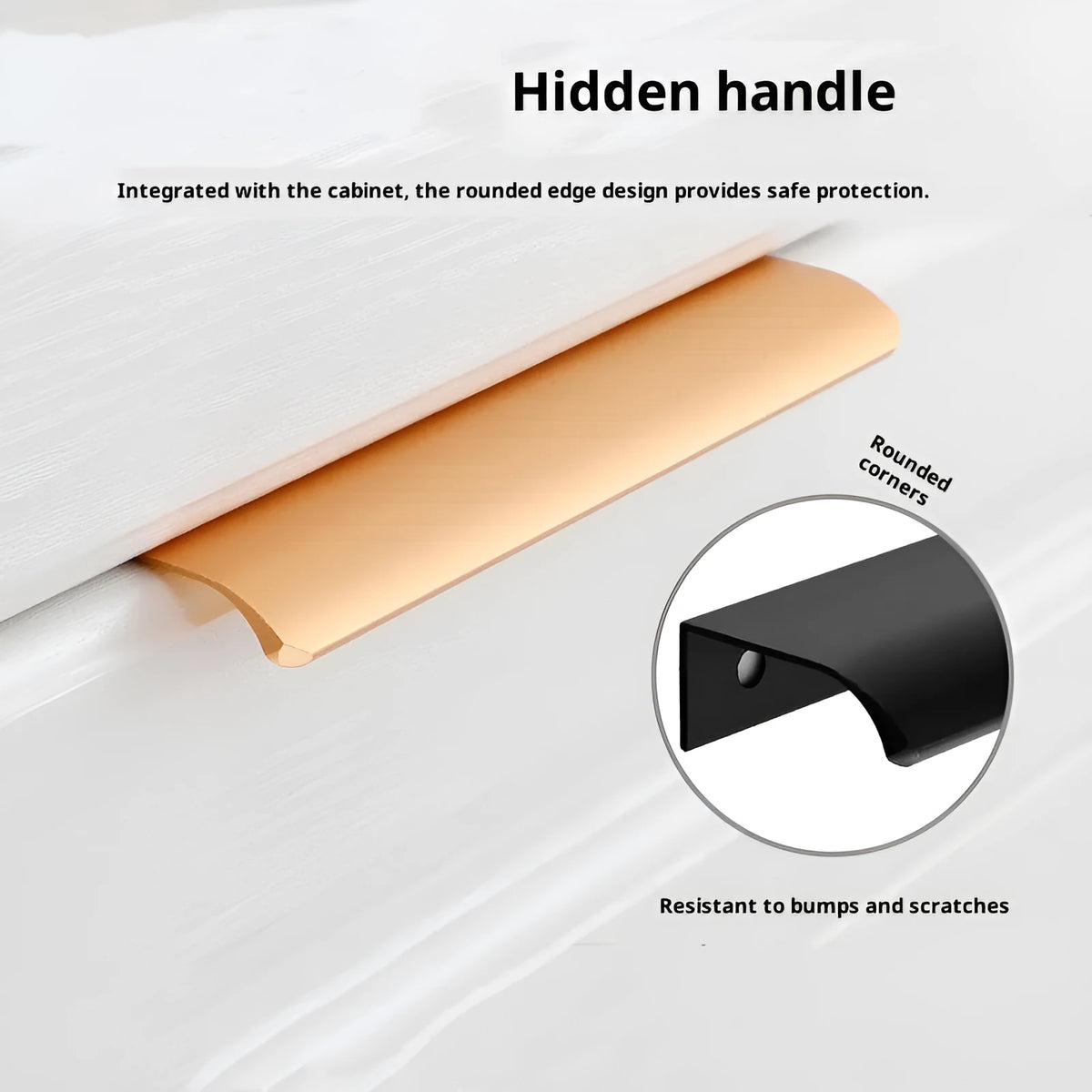 No-drill hidden cabinet handle in aluminium alloy, black or gold, long pull for wardrobe or kitchen door