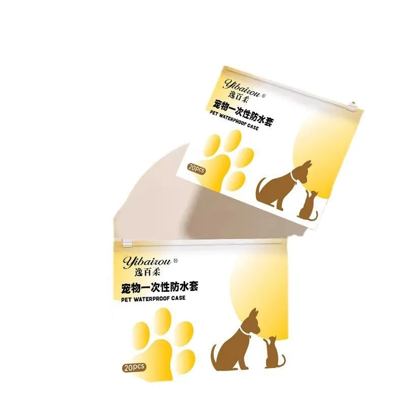 White disposable waterproof shoe covers for dogs, shown in a pack of 20.