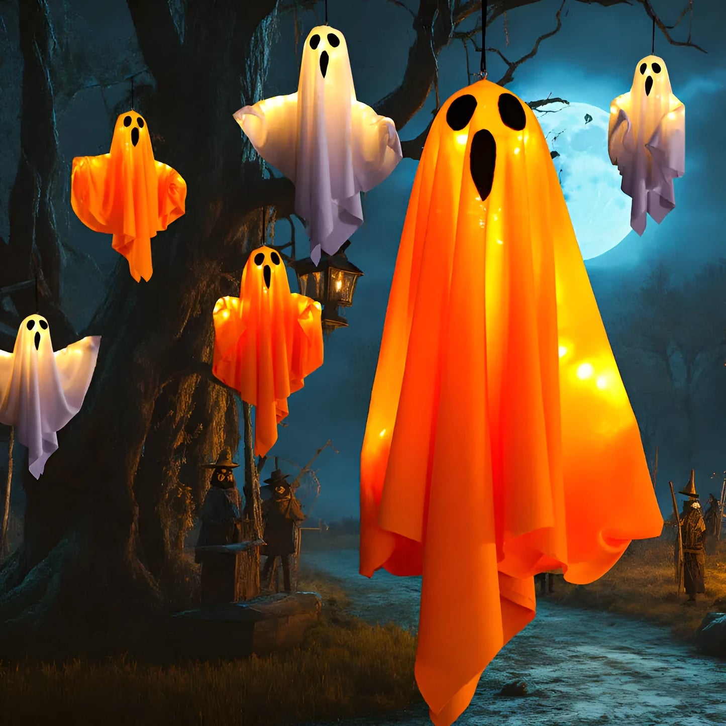White ghost scream Halloween ambience light with cloth construction and 4.5V button electronics