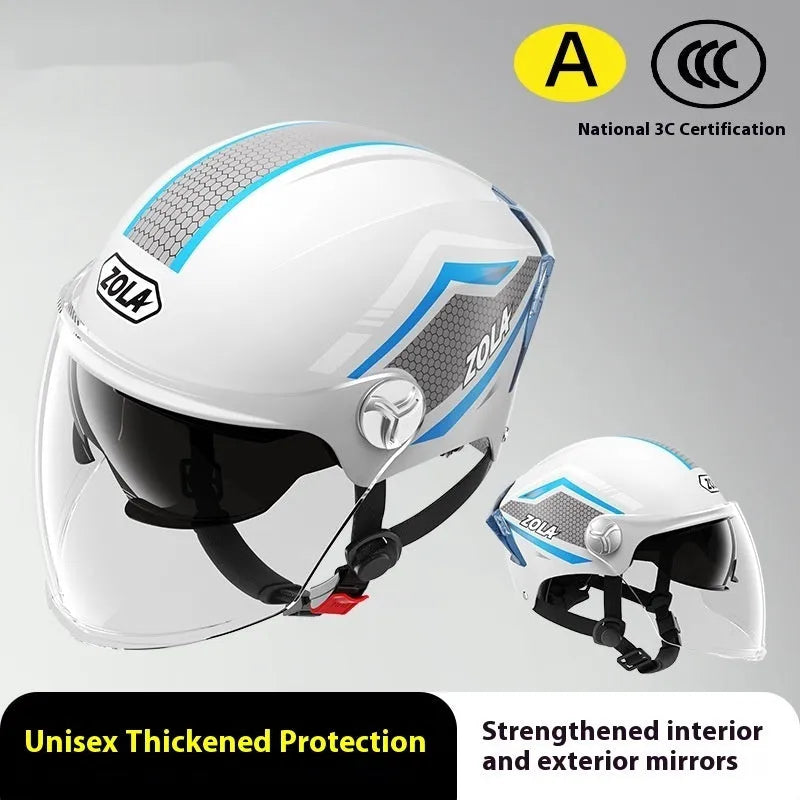 Men's and women's battery motorcycle half helmet with double mirror visor in light brown colour, 3C-certified ABS construction
