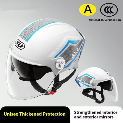 Men's and women's battery motorcycle half helmet with double mirror visor in light brown colour, 3C-certified ABS construction
