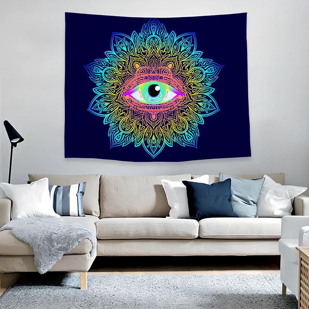 Psychedelic print polyester tapestry in 150x200cm size hanging on wall, vibrant colours on lightweight fabric