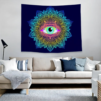 Psychedelic print polyester tapestry in 150x200cm size hanging on wall, vibrant colours on lightweight fabric