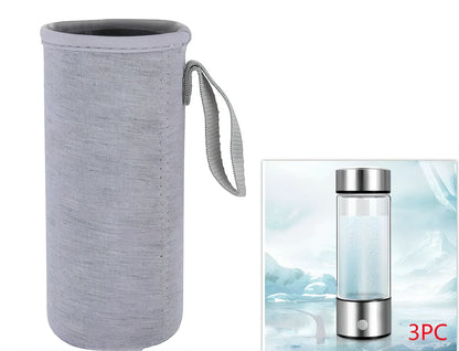 Portable hydrogen water cup in silver with borosilicate glass, showing electrolysis bubbles and romatic light, 3-minute generation