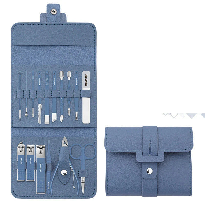 Premium 16-piece manicure set with sleek leather case, including nail clippers, scissors, tweezers, and other grooming tools