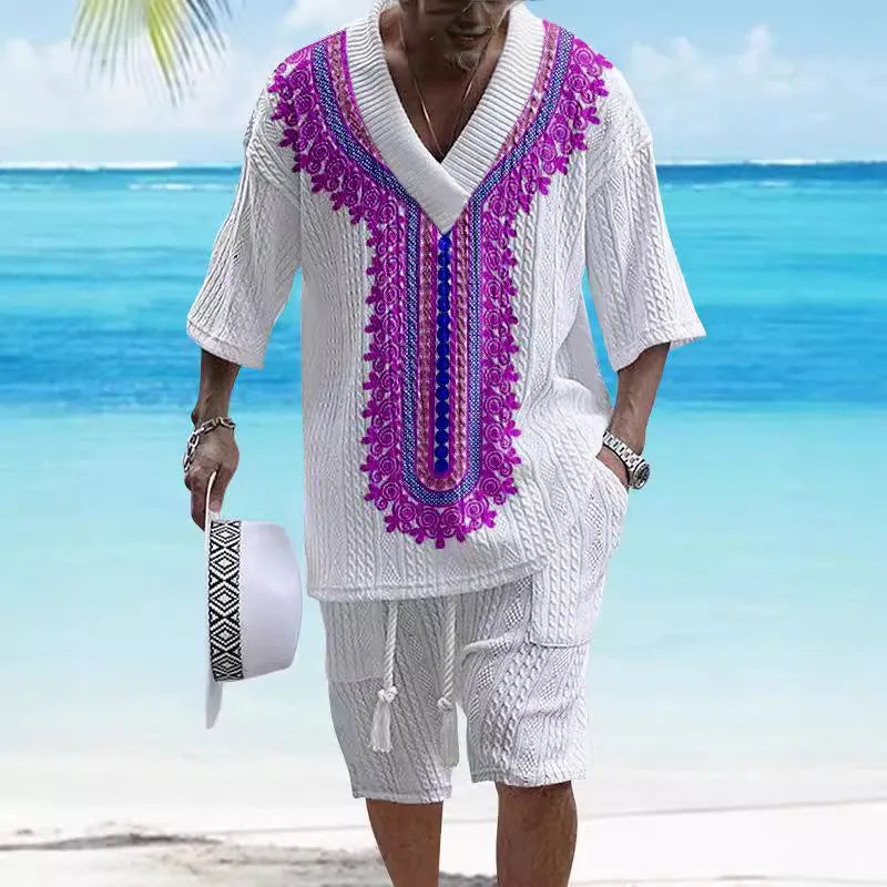 Printed drop-shoulder men's knitted shorts suit in polyester blend, short sleeves and shorts, colour options TH01-362 to TH01-366