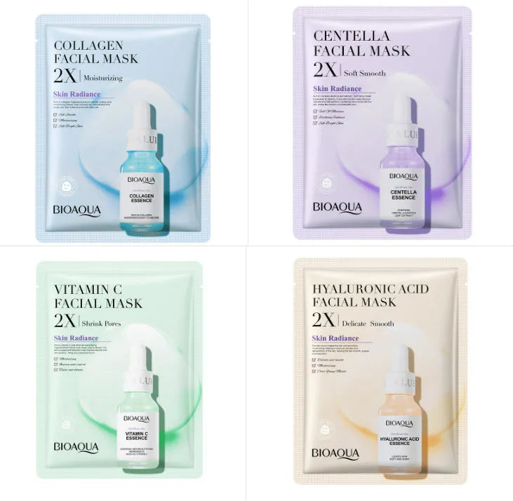 Collagen and hyaluronic acid facial sheet mask set with four variant packages showing 30g gel masks