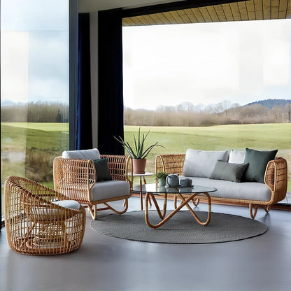 Outdoor woven rattan furniture set with sponge cushions showing chair, sofa, and tea table configuration options