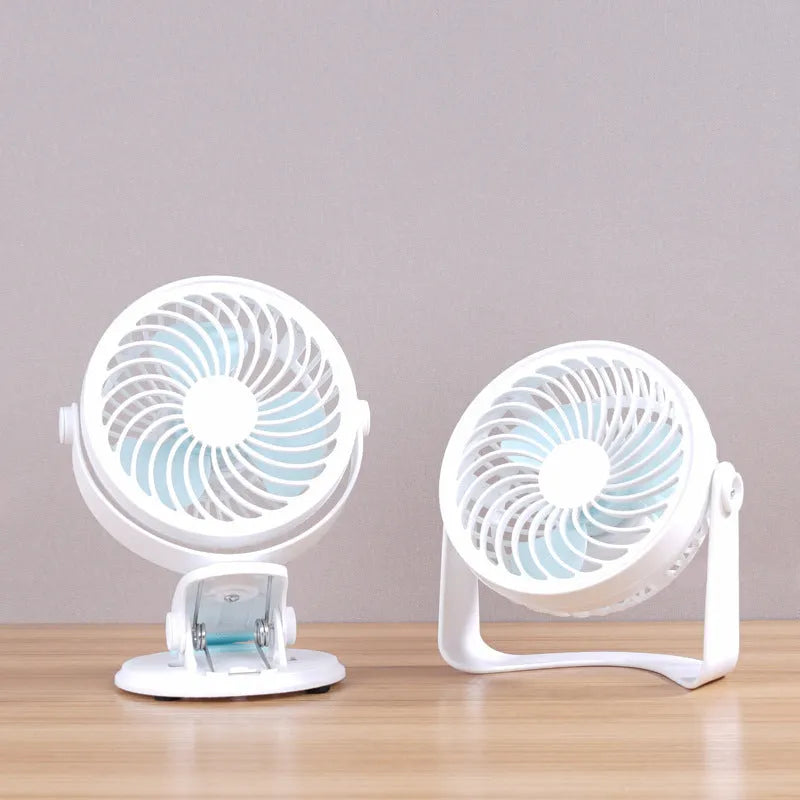 USB-powered desk fan with clip attachment, three blades, and mechanical speed control, measuring 19cm wide