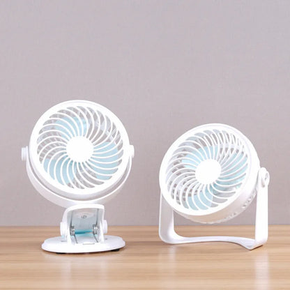 USB-powered desk fan with clip attachment, three blades, and mechanical speed control, measuring 19cm wide