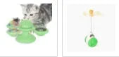 Cat rotating windmill toy with suction base, two transparent bins, blue and yellow-green TPR body.